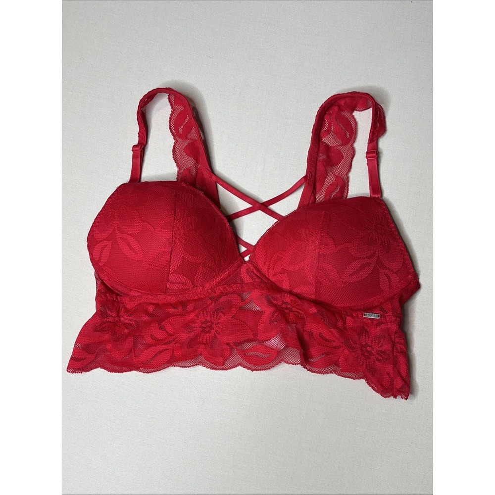 Victorias Secret PINK Red Push Up Bra Bralette Top Lace Wire-free Size Small
